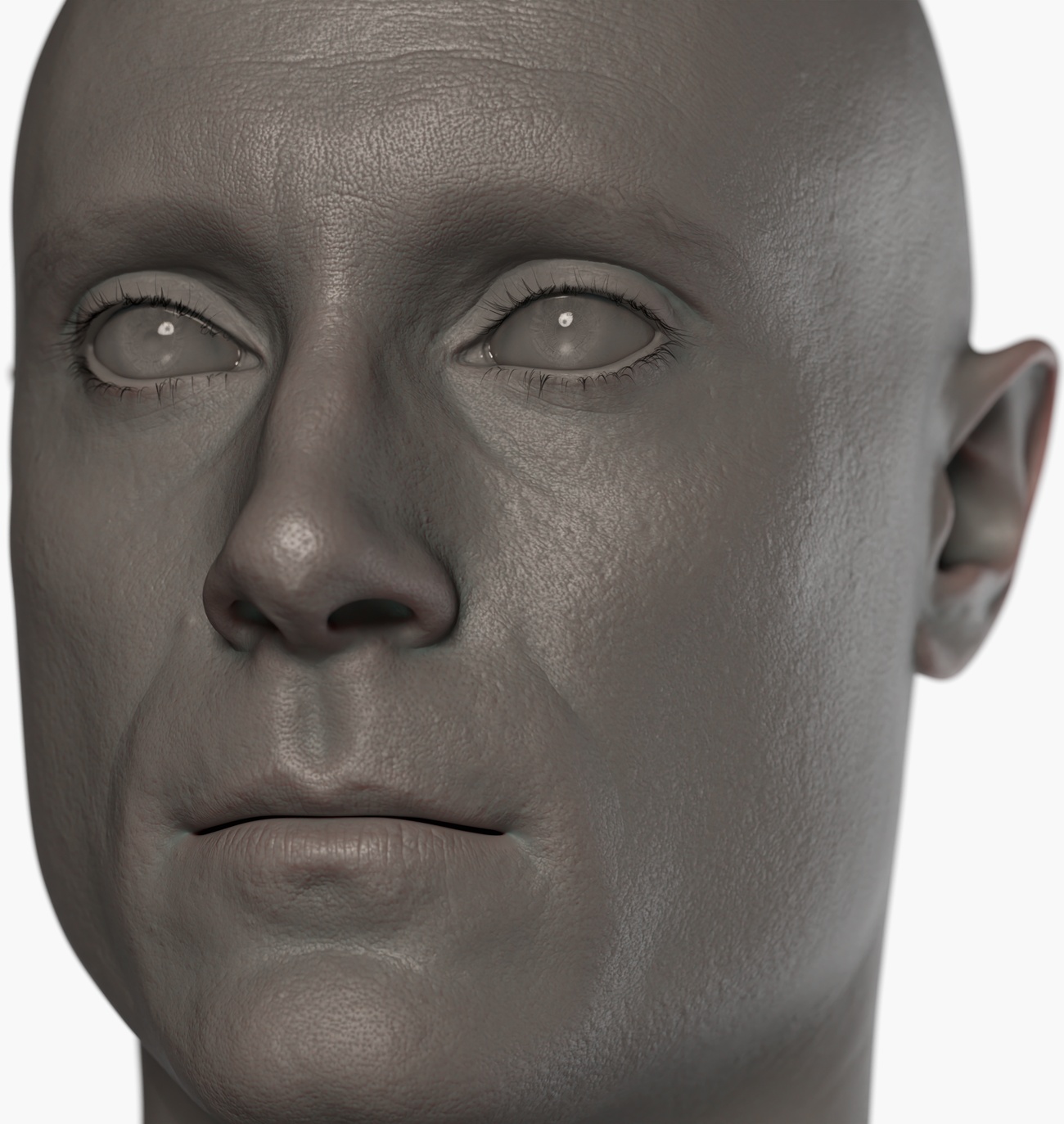 Clay render of a male head 3D scan showing skin pore and surface micro-detail from photogrammetry capture